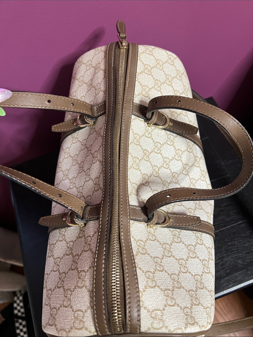 Rare !! Gucci Beige GG supreme canvas boston bag with Brown Leather Trim - Picture 12 of 16